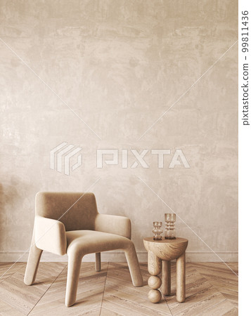 Modern scandinavian style conceptual design interior room. Mock up frame beige plaster wall. Minimal sofa with wooden table and decor. 3d rendering. High quality 3d illustration Modern scandinavian style conceptual design interior room. Mock up frame beige plaster wall. Minimal sofa with wooden table and decor. 3d rendering. High quality 3d illustration 99811436