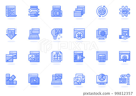 Web development flat line icon. Bundle outline pictogram of coding , interface elements, settings, site building, content, page navigation concept. Vector illustration of icons pack for website design 99812357