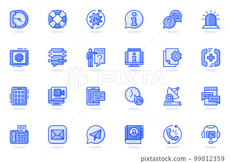 Support services web flat line icon. Bundle outline pictogram of help, faq, operator, hotline, consultation, online chat, phone assistant concept. Vector illustration of icons pack for website design 99812359