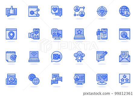 Social network web flat line icon. Bundle outline pictogram of profile page, link, content, post, like, follow, rating, mobile app, chat concept. Vector illustration of icons pack for website design Social network web flat line icon. Bundle outline pictogram of profile page, link, content, post, like, follow, rating, mobile app, chat concept. Vector illustration of icons pack for website design 99812361
