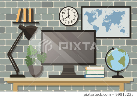 Home office concept, workspace. Computer monitor, table lamp, indoor plants on the table, world map and wall posters. Background, vector Home office concept, workspace. Computer monitor, table lamp, indoor plants on the table, world map and wall posters. Background, vector 99813223
