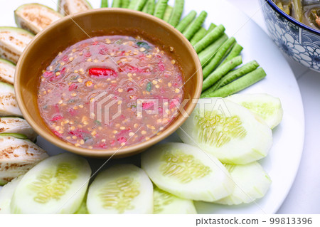 Shrimp Paste Chilli Sauce (Nam Prik Ka Pi) serve with fresh cucumber, fresh green brinjals, and fresh long beans, Thai food on isolated background. Shrimp Paste Chilli Sauce (Nam Prik Ka Pi) serve with fresh cucumber, fresh green brinjals, and fresh long beans, Thai food on isolated background. 99813396