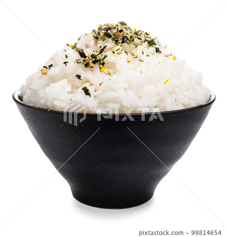 rice in black bowl with Japanese spices isolated 99814654