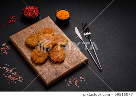 Delicious hearty vegetarian or vegan dish in the form of cutlets or patties 99816077