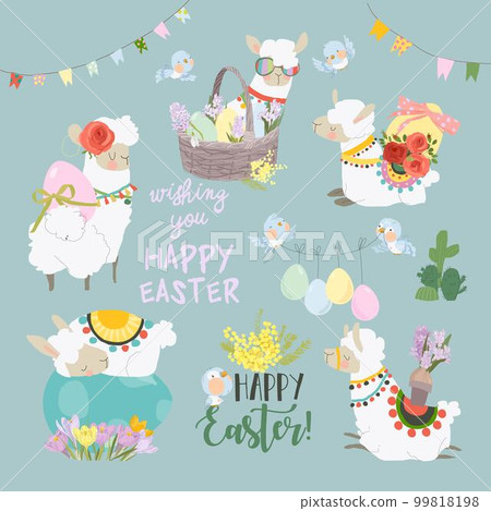 Cute Cartoon Easter Set with Cute Alpacas and Easter Eggs 99818198