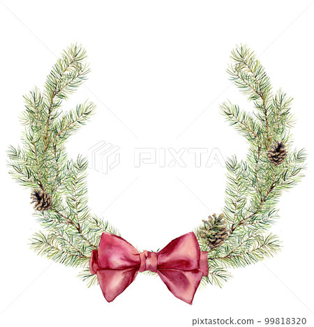 Watercolor christmas fir wreath with pink bow and cones. New year tree branch wreath for design, print or background Watercolor christmas fir wreath with pink bow and cones. New year tree branch wreath for design, print or background 99818320