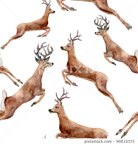 Watercolor running deers seamless pattern. Christmas wild animal illustration isolated on white background for design, print or background Watercolor running deers seamless pattern. Christmas wild animal illustration isolated on white background for design, print or background 99818355