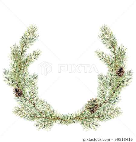 Watercolor christmas fir wreath with cones. New year tree branch wreath for design, print or background 99818416