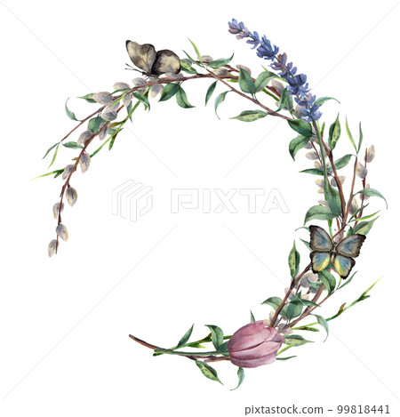 Watercolor spring wreath with butterfly. Hand painted border with lavender, willow, tulip and tree branch with leaves isolated on white background. Easter floral illustration for design, print. Watercolor spring wreath with butterfly. Hand painted border with lavender, willow, tulip and tree branch with leaves isolated on white background. Easter floral illustration for design, print. 99818441