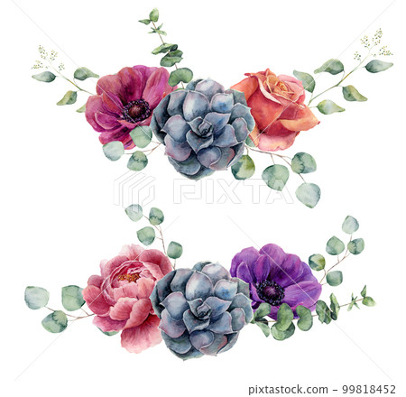 Watercolor floral elements isolated on white background. Vintage style posy set with eucalyptus branches, rose, succulents, peony, anemone flower, leaves. Flower hand painted design Watercolor floral elements isolated on white background. Vintage style posy set with eucalyptus branches, rose, succulents, peony, anemone flower, leaves. Flower hand painted design 99818452