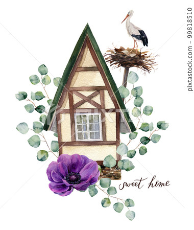 Watercolor happy home label. Watercolor house in Alpine style with white stork and nest, eucalyptus silver dollar and anemone flower on white background. Hand painted print. For design and background. Watercolor happy home label. Watercolor house in Alpine style with white stork and nest, eucalyptus silver dollar and anemone flower on white background. Hand painted print. For design and background. 99818510