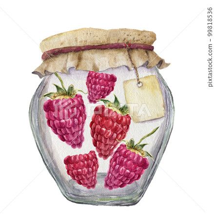 Watercolor glass jar for jam with label for an inscription and raspberries. Illustration isolated on white background. For design, textile and background. Watercolor glass jar for jam with label for an inscription and raspberries. Illustration isolated on white background. For design, textile and background. 99818536