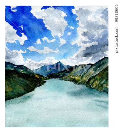 Watercolor landscape. Lake, mountains and sky with clouds. Watercolor landscape. Lake, mountains and sky with clouds. 99818606