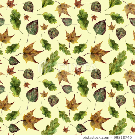 Watercolor autumn leaves seamless pattern. Hand painted oak, maple, aspen fall leaves ornament isolated on yellow background. Botanical illustration for design, print, fabric 99818740