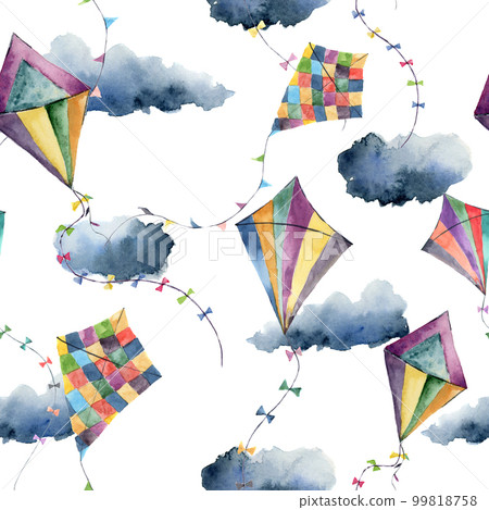 Watercolor pattern with kites. Hand painted vintage illustrations isolated on white background. For design or print. 99818758