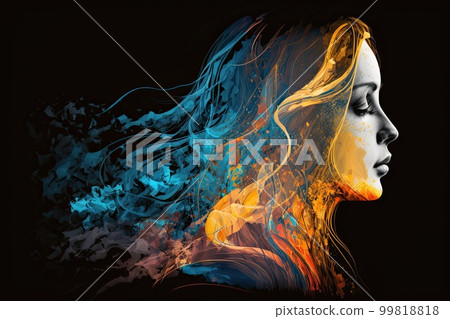 Wall art, wallpaper frame art, painting, line art, watercolor art, woman face profile, sketch, woman silhouette, pastel color, AI generated art 99818818