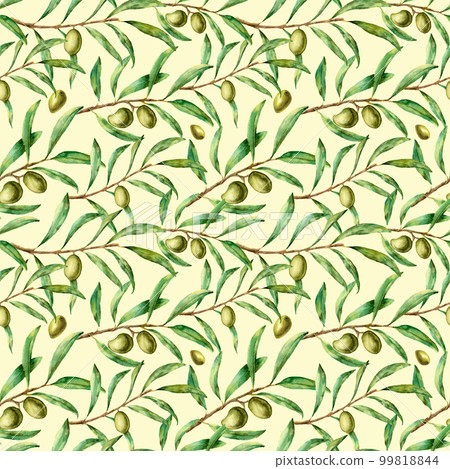 Watercolor seamless pattern with olive branches. Hand painted floral ornament with olive berry and tree branches with leaves. For design, print and fabric Watercolor seamless pattern with olive branches. Hand painted floral ornament with olive berry and tree branches with leaves. For design, print and fabric 99818844