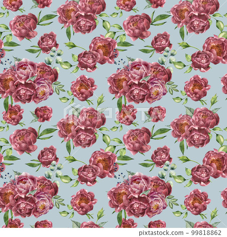 Watercolor vintage pattern with peony, eucalyptus and greenery. Hand painted floral ornament with flowers and leaves on blue background. Vintage botanical illustration for design. 99818862