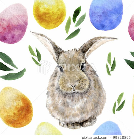 Watercolor easter pattern. Rabbit, eggs and herbs 99818895