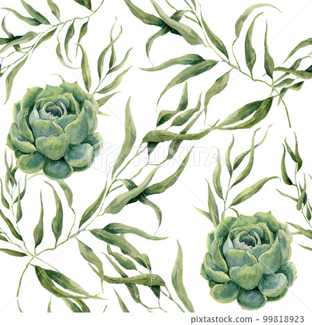 Watercolor succulents and eucalyptus leaves seamless pattern on white background. Floral texture for design, textile and background. Watercolor succulents and eucalyptus leaves seamless pattern on white background. Floral texture for design, textile and background. 99818923
