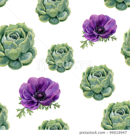 Watercolor succulents and anemone flowers seamless pattern on white background. Floral texture for design, textile and background. 99818947