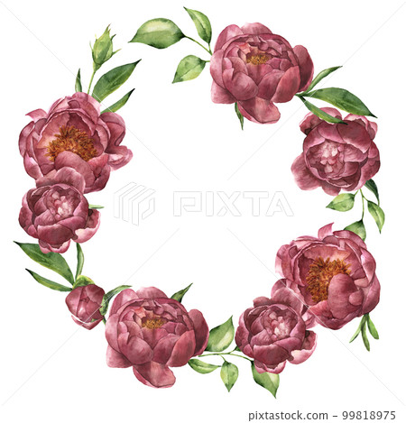 Watercolor wreath with peony and greenery. Hand painted floral composition with flowers and leaves isolated on white background. Vintage botanical frame for design. 99818975