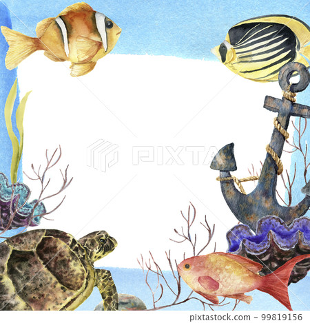 Watercolor tropic sea frame. Hand painted tropic fish, old anchor, sea anemones, seaweeds, coral isolated on white background. Underwater illustration for design, fabric or print. 99819156