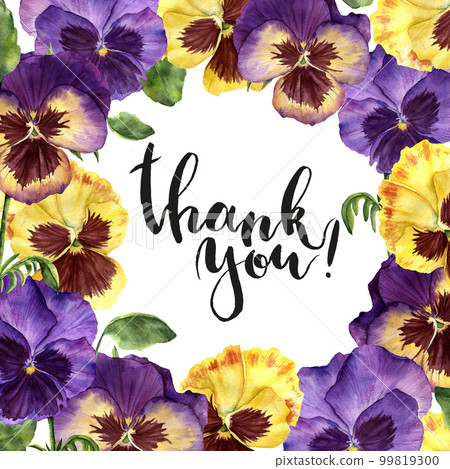 Watercolor floral card with Thank you lettering. Hand painted illustration with pansy flowers, leaves and branches isolated on white background. For design, print and background 99819300