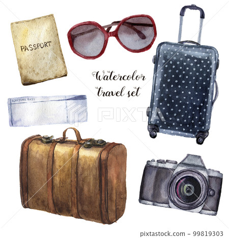 Watercolor travel set. Hand painted tourist objects set including passport, ticket, leather vintage suitcase, polka dot baggage, camera and sunglasses isolated on white background. For design. 99819303