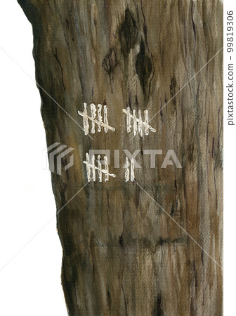 Tree with mark the days. Wood texture with countdown. Watercolor hand drawing artistic realistic illustration for design, background, textile. 99819306
