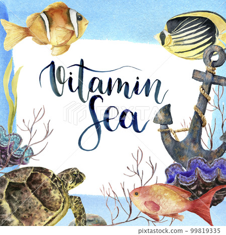 Watercolor tropic sea card with lettering Vitamin Sea. Hand painted tropic fish, old anchor, sea anemones, seaweeds, coral isolated on white background. Underwater illustration. 99819335