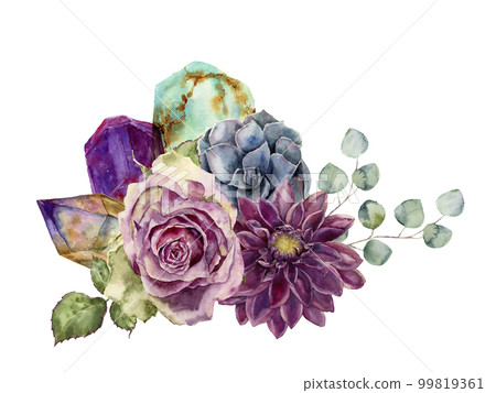 Watercolor bouquet of flowers, succulents, eucalyptus and gem stones. Hand drawn composition isolated on white background. Minerals and plants design 99819361