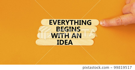 Everything begins with an idea symbol. Concept word Everything begins with an idea on wooden sticks. Beautiful orange background. Business everything begins with an idea concept. Copy space. 99819517