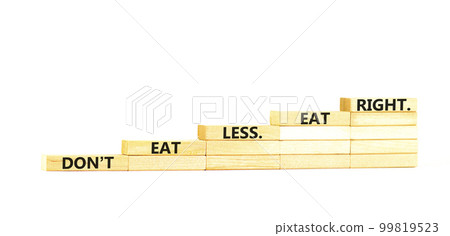 Eat less or right symbol. Concept words Do not eat less, eat right on wooden blocks. Beautiful white table white background. Healthy lifestyle and eat less or right concept. Copy space. 99819523