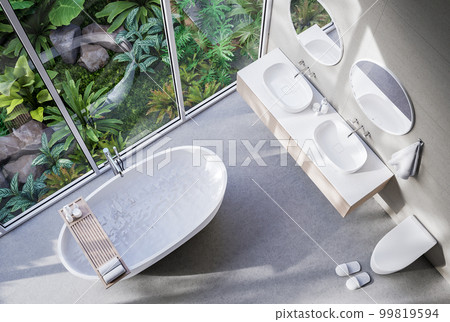 Top view of modern contemporary loft style bathroom 3d render Top view of modern contemporary loft style bathroom 3d render 99819594