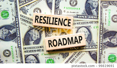 Resilience roadmap symbol. Concept word Resilience roadmap typed on wooden blocks. Beautiful background from dollar bills. Business and resilience roadmap concept. Copy space. 99819691