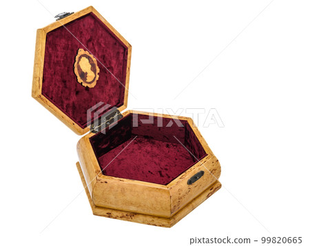 Empty Open wooden jewelry box with velvet lining and vintage accessories and Clipping Pathon white background. used for storing small things, Luxury packaging for anything. 99820665