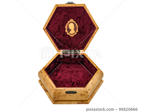 Empty Open wooden jewelry box with velvet lining and vintage accessories and Clipping Pathon white background. used for storing small things, Luxury packaging for anything. 99820666