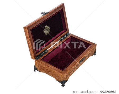 Empty Open wooden jewelry box with velvet lining and vintage accessories and Clipping Pathon white background. used for storing small things, Luxury packaging for anything. 99820668