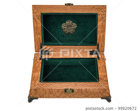Empty Open wooden jewelry box with velvet lining and vintage accessories and Clipping Pathon white background. used for storing small things, Luxury packaging for anything. Empty Open wooden jewelry box with velvet lining and vintage accessories and Clipping Pathon white background. used for storing small things, Luxury packaging for anything. 99820672