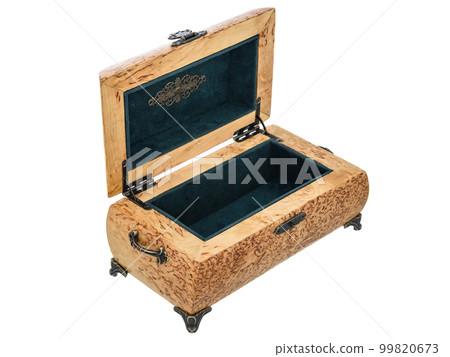 Empty Open wooden jewelry box with velvet lining and vintage accessories and Clipping Pathon white background. used for storing small things, Luxury packaging for anything. 99820673