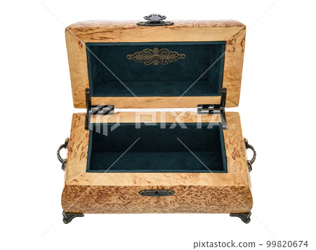 Empty Open wooden jewelry box with velvet lining and vintage accessories and Clipping Pathon white background. used for storing small things, Luxury packaging for anything. Empty Open wooden jewelry box with velvet lining and vintage accessories and Clipping Pathon white background. used for storing small things, Luxury packaging for anything. 99820674