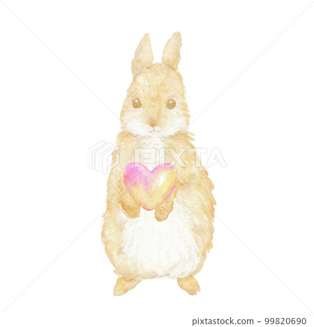 Watercolor illustration of a brown hare holding a heart 99820690