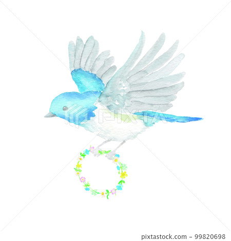 一隻小藍鳥帶著野花花環飛翔的水彩插圖 99820698