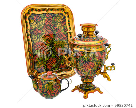 Tea Set of Old Traditional Russian folk utensils. Dishes with handmade painting floral ornament in style of Khokhloma isolated on white background. Tea Set of Old Traditional Russian folk utensils. Dishes with handmade painting floral ornament in style of Khokhloma isolated on white background. 99820741