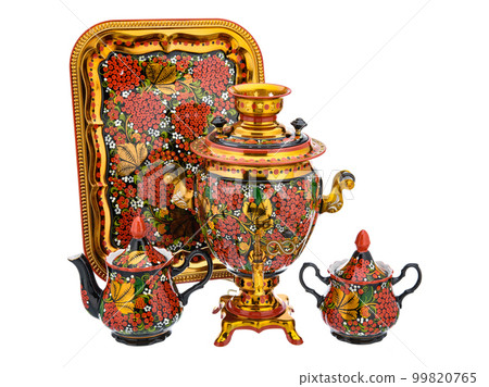 Tea Set of Old Traditional Russian folk utensils. Dishes with handmade painting floral ornament in style of Khokhloma isolated on white background. 99820765