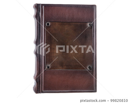 Leather mockup book with cover color isolated on white background. Diary for writing and printing With empty lable and metal fittings. 99820810