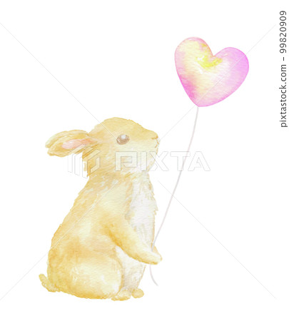 Watercolor illustration of a baby rabbit with a heart balloon 99820909