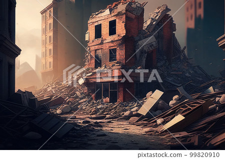 Post apocaliptic cityscape. Ruins in city after war. Destroyed buidings in city after earthquake. Abandoned houses. Created with Generative AI 99820910