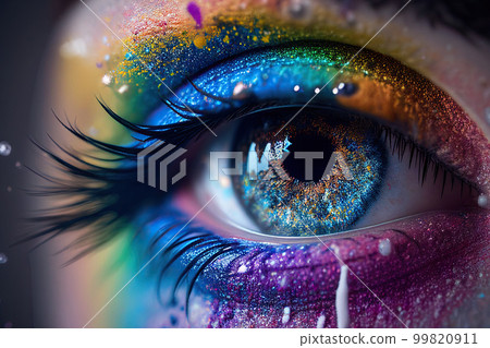 Woman eye with rainbow pupil and bright colored makeup. Created with Generative AI 99820911